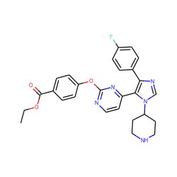 CCOC(=O)c1ccc(Oc2nccc(-c3c(-c4ccc(F)cc4)ncn3C3CCNCC3)n2)cc1 ZINC000071294292