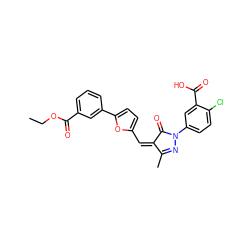 CCOC(=O)c1cccc(-c2ccc(/C=C3\C(=O)N(c4ccc(Cl)c(C(=O)O)c4)N=C3C)o2)c1 ZINC000113855531