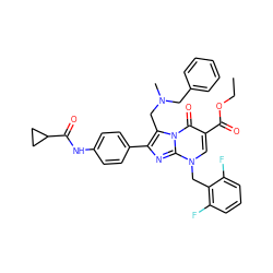 CCOC(=O)c1cn(Cc2c(F)cccc2F)c2nc(-c3ccc(NC(=O)C4CC4)cc3)c(CN(C)Cc3ccccc3)n2c1=O ZINC000096300743