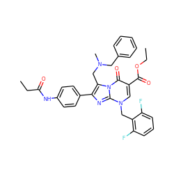 CCOC(=O)c1cn(Cc2c(F)cccc2F)c2nc(-c3ccc(NC(=O)CC)cc3)c(CN(C)Cc3ccccc3)n2c1=O ZINC000096300744