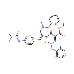 CCOC(=O)c1cn(Cc2c(F)cccc2F)c2sc(-c3ccc(NC(=O)C(C)C)cc3)c(CN(C)Cc3ccccc3)c2c1=O ZINC000049614730