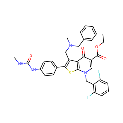 CCOC(=O)c1cn(Cc2c(F)cccc2F)c2sc(-c3ccc(NC(=O)NC)cc3)c(CN(C)Cc3ccccc3)c2c1=O ZINC000036331638