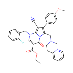 CCOC(=O)c1cn(Cc2ccccc2F)c2c(C#N)c(-c3ccc(OC)cc3)c(CN(C)CCc3ccccn3)n2c1=O ZINC000027407821