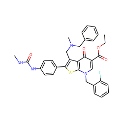 CCOC(=O)c1cn(Cc2ccccc2F)c2sc(-c3ccc(NC(=O)NC)cc3)c(CN(C)Cc3ccccc3)c2c1=O ZINC000036331618