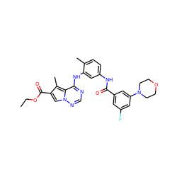 CCOC(=O)c1cn2ncnc(Nc3cc(NC(=O)c4cc(F)cc(N5CCOCC5)c4)ccc3C)c2c1C ZINC000029048714