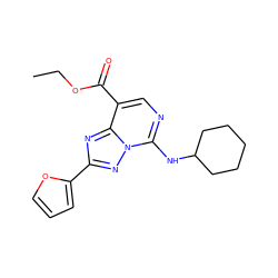 CCOC(=O)c1cnc(NC2CCCCC2)n2nc(-c3ccco3)nc12 ZINC000299832545