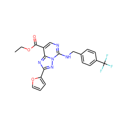 CCOC(=O)c1cnc(NCc2ccc(C(F)(F)F)cc2)n2nc(-c3ccco3)nc12 ZINC000299834016