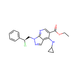 CCOC(=O)c1cnc2c(cnn2C[C@@H](Cl)c2ccccc2)c1NC1CC1 ZINC000013491816