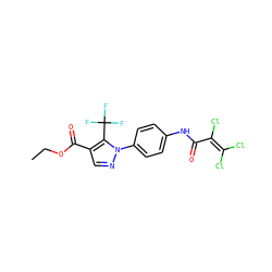 CCOC(=O)c1cnn(-c2ccc(NC(=O)C(Cl)=C(Cl)Cl)cc2)c1C(F)(F)F ZINC000044607934