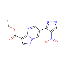 CCOC(=O)c1cnn2cc(-c3n[nH]cc3[N+](=O)[O-])cnc12 ZINC000008690019