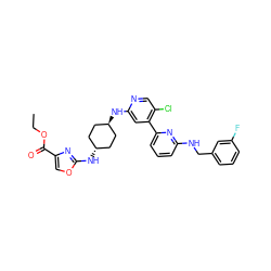 CCOC(=O)c1coc(N[C@H]2CC[C@H](Nc3cc(-c4cccc(NCc5cccc(F)c5)n4)c(Cl)cn3)CC2)n1 ZINC000261178029