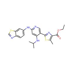 CCOC(=O)c1nc(-c2cnc(Nc3ccc4ncsc4c3)cc2NC(C)C)sc1C ZINC000223321214