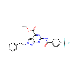 CCOC(=O)c1nc(NC(=O)c2ccc(C(F)(F)F)cc2)nc2nn(CCc3ccccc3)cc12 ZINC000299868487