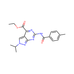 CCOC(=O)c1nc(NC(=O)c2ccc(C)cc2)nc2nn(C(C)C)cc12 ZINC000299854738