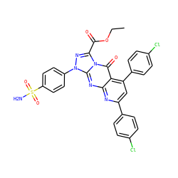 CCOC(=O)c1nn(-c2ccc(S(N)(=O)=O)cc2)c2nc3nc(-c4ccc(Cl)cc4)cc(-c4ccc(Cl)cc4)c3c(=O)n12 ZINC001772620226