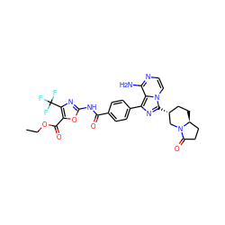 CCOC(=O)c1oc(NC(=O)c2ccc(-c3nc([C@@H]4CC[C@H]5CCC(=O)N5C4)n4ccnc(N)c34)cc2)nc1C(F)(F)F ZINC000145402814