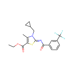 CCOC(=O)c1s/c(=N\C(=O)c2cccc(C(F)(F)F)c2)n(CC2CC2)c1C ZINC000028954352