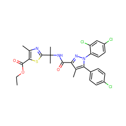 CCOC(=O)c1sc(C(C)(C)NC(=O)c2nn(-c3ccc(Cl)cc3Cl)c(-c3ccc(Cl)cc3)c2C)nc1C ZINC000072112045