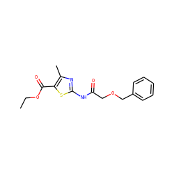 CCOC(=O)c1sc(NC(=O)COCc2ccccc2)nc1C ZINC000169307213