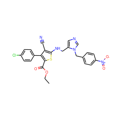 CCOC(=O)c1sc(NCc2cncn2Cc2ccc([N+](=O)[O-])cc2)c(C#N)c1-c1ccc(Cl)cc1 ZINC000653714820