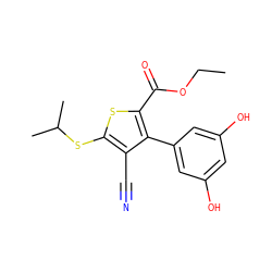 CCOC(=O)c1sc(SC(C)C)c(C#N)c1-c1cc(O)cc(O)c1 ZINC000169329735