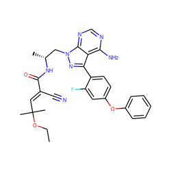 CCOC(C)(C)/C=C(\C#N)C(=O)N[C@H](C)Cn1nc(-c2ccc(Oc3ccccc3)cc2F)c2c(N)ncnc21 ZINC000149452516