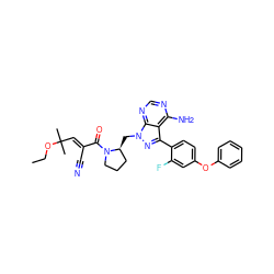 CCOC(C)(C)/C=C(\C#N)C(=O)N1CCC[C@@H]1Cn1nc(-c2ccc(Oc3ccccc3)cc2F)c2c(N)ncnc21 ZINC000224229342