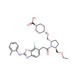 CCOC[C@@H]1CC[C@@H](CO[C@H]2CC[C@H](C(=O)O)CC2)N1C(=O)Cc1ccc2nc(Nc3ccccc3C)oc2c1F ZINC000261121358