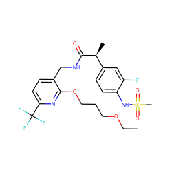 CCOCCCOc1nc(C(F)(F)F)ccc1CNC(=O)[C@@H](C)c1ccc(NS(C)(=O)=O)c(F)c1 ZINC000096270962