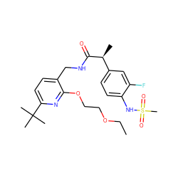 CCOCCOc1nc(C(C)(C)C)ccc1CNC(=O)[C@@H](C)c1ccc(NS(C)(=O)=O)c(F)c1 ZINC000147176734