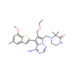 CCOCc1c(-c2cc3cc(C)cc(OC)c3s2)c2c(N)ncnn2c1CN1CCNC(=O)C1(C)C ZINC000220095934