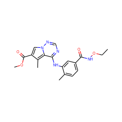 CCONC(=O)c1ccc(C)c(Nc2ncnn3cc(C(=O)OC)c(C)c23)c1 ZINC000014974203