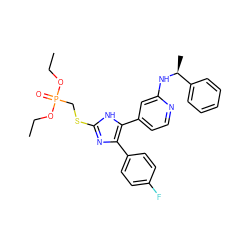 CCOP(=O)(CSc1nc(-c2ccc(F)cc2)c(-c2ccnc(N[C@@H](C)c3ccccc3)c2)[nH]1)OCC ZINC000049878627