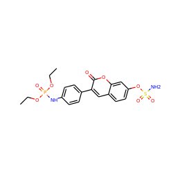 CCOP(=O)(Nc1ccc(-c2cc3ccc(OS(N)(=O)=O)cc3oc2=O)cc1)OCC ZINC000653876616