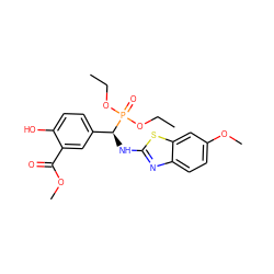 CCOP(=O)(OCC)[C@@H](Nc1nc2ccc(OC)cc2s1)c1ccc(O)c(C(=O)OC)c1 ZINC000207104889