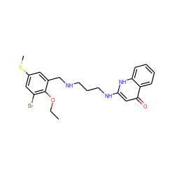 CCOc1c(Br)cc(SC)cc1CNCCCNc1cc(=O)c2ccccc2[nH]1 ZINC000013487775