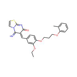 CCOc1cc(/C=C2/C(=N)N3C=CSC3=NC2=O)ccc1OCCCOc1ccccc1C ZINC000013110903