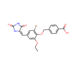 CCOc1cc(/C=C2/NC(=O)NC2=O)cc(Br)c1OCc1ccc(C(=O)O)cc1 ZINC000013544864