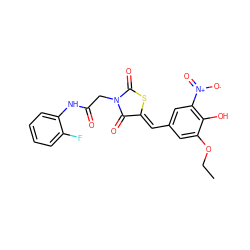 CCOc1cc(/C=C2\SC(=O)N(CC(=O)Nc3ccccc3F)C2=O)cc([N+](=O)[O-])c1O ZINC000012411360