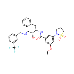 CCOc1cc(C(=O)N[C@@H](Cc2ccccc2)[C@H](O)CNCc2cccc(C(F)(F)F)c2)cc(N2CCCS2(=O)=O)c1 ZINC000029039594