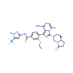 CCOc1cc(C(=O)Nc2cc(C(F)(F)F)n(C)n2)ccc1-c1nc([C@@H]2CC[C@H]3CCC(=O)N3C2)n2c(C)cnc(N)c12 ZINC000145664666