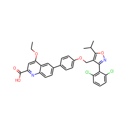 CCOc1cc(C(=O)O)nc2ccc(-c3ccc(OCc4c(-c5c(Cl)cccc5Cl)noc4C(C)C)cc3)cc12 ZINC000066066573