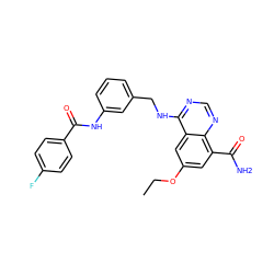 CCOc1cc(C(N)=O)c2ncnc(NCc3cccc(NC(=O)c4ccc(F)cc4)c3)c2c1 ZINC000114343428