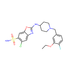 CCOc1cc(CN2CCC(Nc3nc4cc(Cl)c(S(N)(=O)=O)cc4o3)CC2)ccc1F ZINC000049020164