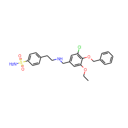 CCOc1cc(CNCCc2ccc(S(N)(=O)=O)cc2)cc(Cl)c1OCc1ccccc1 ZINC000019922721