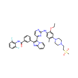 CCOc1cc(N2CCN(CCS(C)(=O)=O)CC2)c(C)cc1Nc1nccc(-c2c(-c3cccc(C(=O)Nc4c(F)cccc4F)c3)nc3ccccn23)n1 ZINC000165104284