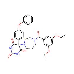 CCOc1cc(OCC)cc(C(=O)N2CCCN(C3(c4ccc(Oc5ccccc5)cc4)C(=O)NC(=O)NC3=O)CC2)c1 ZINC000072107892