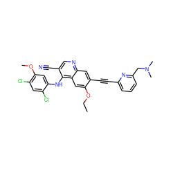 CCOc1cc2c(Nc3cc(OC)c(Cl)cc3Cl)c(C#N)cnc2cc1C#Cc1cccc(CN(C)C)n1 ZINC000037858230