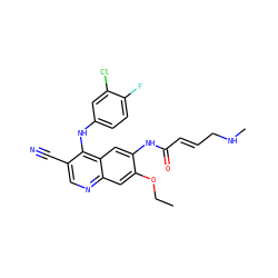 CCOc1cc2ncc(C#N)c(Nc3ccc(F)c(Cl)c3)c2cc1NC(=O)/C=C/CNC ZINC000034602560