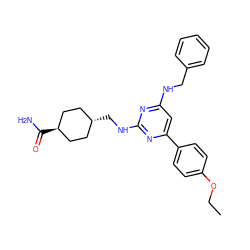 CCOc1ccc(-c2cc(NCc3ccccc3)nc(NC[C@H]3CC[C@H](C(N)=O)CC3)n2)cc1 ZINC000299821829